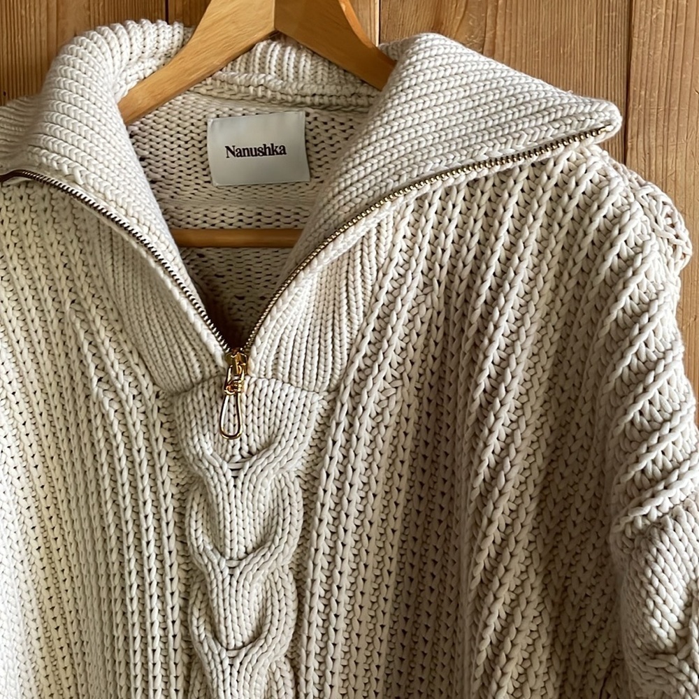 NANUSHKA Cotton Half Zip Chunky Cable Knit Ribbed Oversized Crop Sweater M - Picture 9 of 16